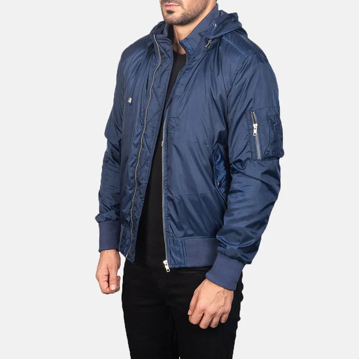 Hanklin Ma-1 blue hooded bomber jacket side view
