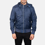 Hanklin Ma-1 blue hooded bomber jacket close-up sleeve zipper pocket