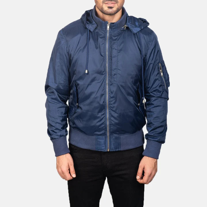 Hanklin Ma-1 blue hooded bomber jacket close-up sleeve zipper pocket