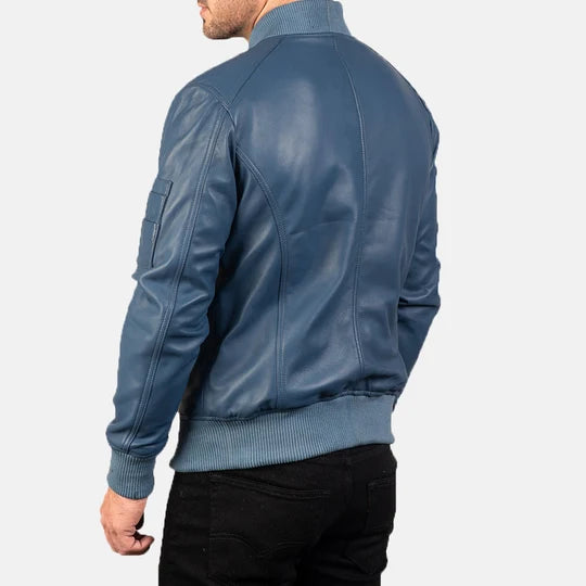 Blue leather bomber jacket back view on model