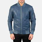 Blue leather bomber jacket close-up zipper detail