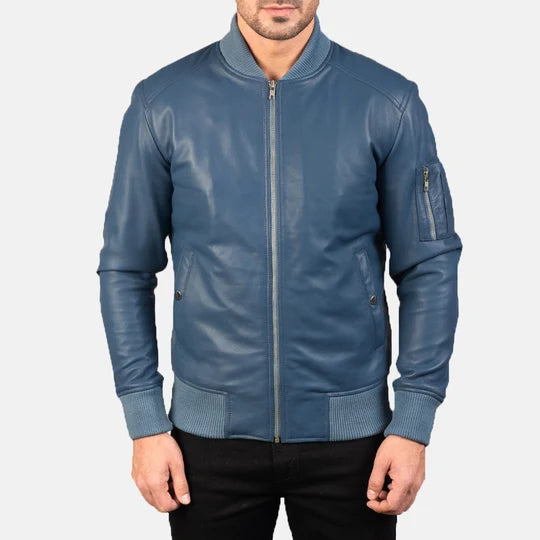 Blue leather bomber jacket close-up zipper detail