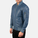 Blue leather bomber jacket side view with ribbed collar