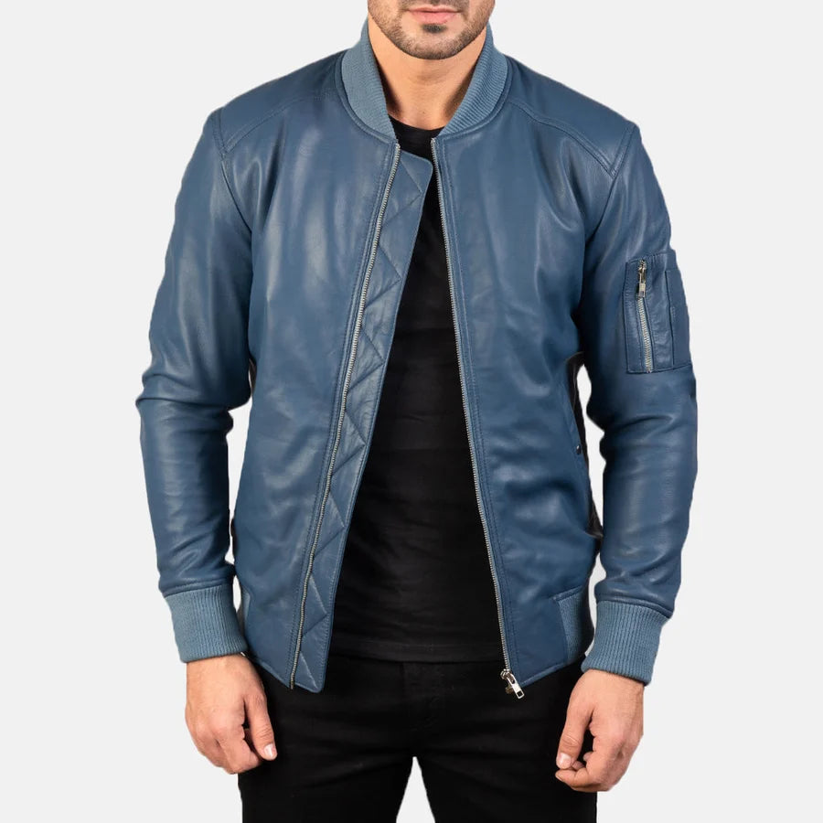 Blue leather bomber jacket front view on model