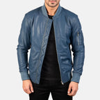 Blue leather bomber jacket front view on model