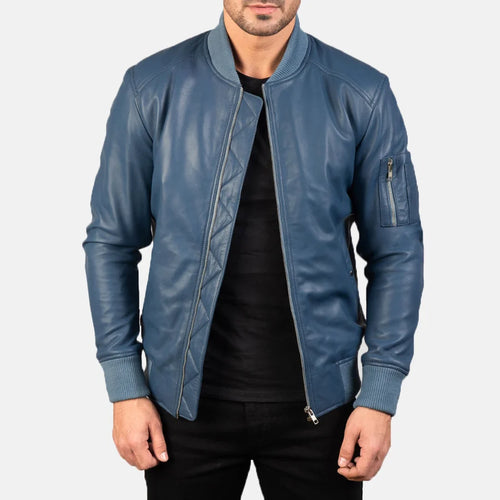 Blue leather bomber jacket front view on model
