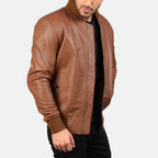Brown leather bomber jacket side view with ribbed collar