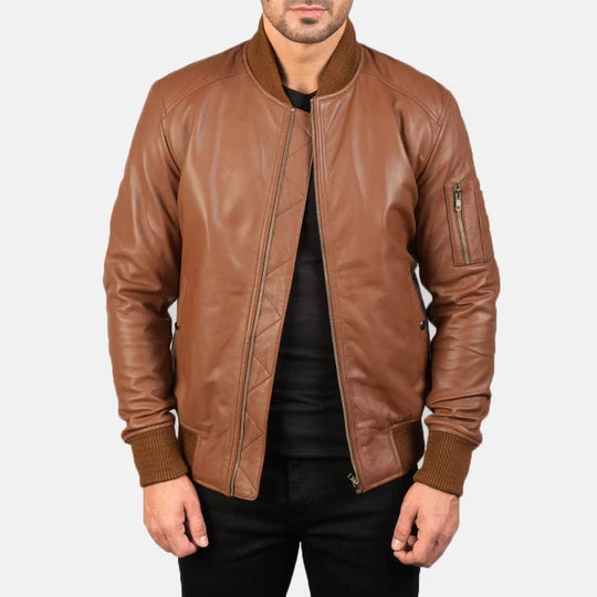Brown leather bomber jacket front view on model