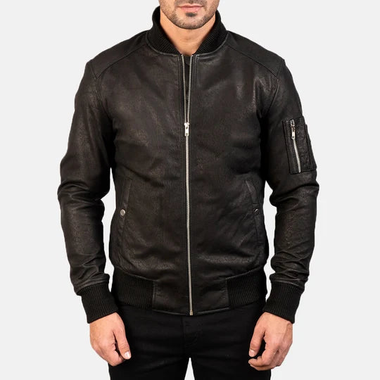 Bomia Ma-1 distressed black leather jacket folded flat lay view