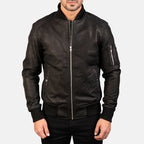 Bomia Ma-1 distressed black leather jacket folded flat lay view