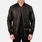 Bomia Ma-1 distressed black leather bomber jacket front view