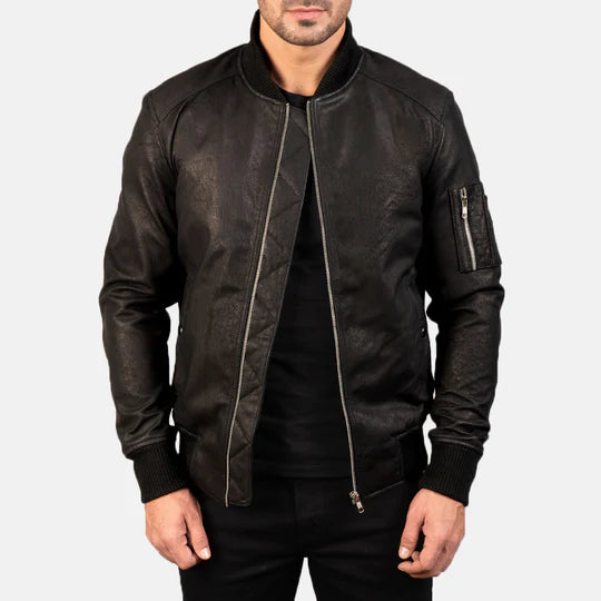 Bomia Ma-1 distressed black leather bomber jacket front view