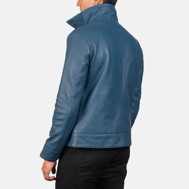 Columbus blue leather bomber jacket back view close-up