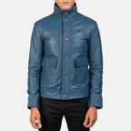 Columbus blue leather bomber jacket close-up front detail