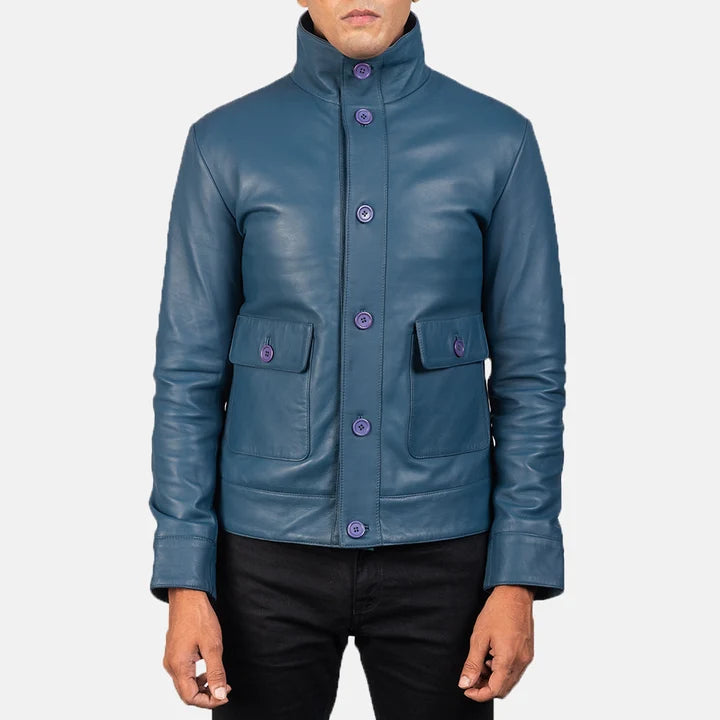 Columbus blue leather bomber jacket close-up front detail