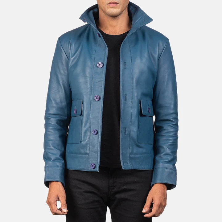 Men's blue leather bomber jacket back view with high collar