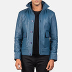Men's blue leather bomber jacket back view with high collar