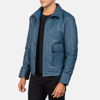 Columbus blue leather bomber jacket side view