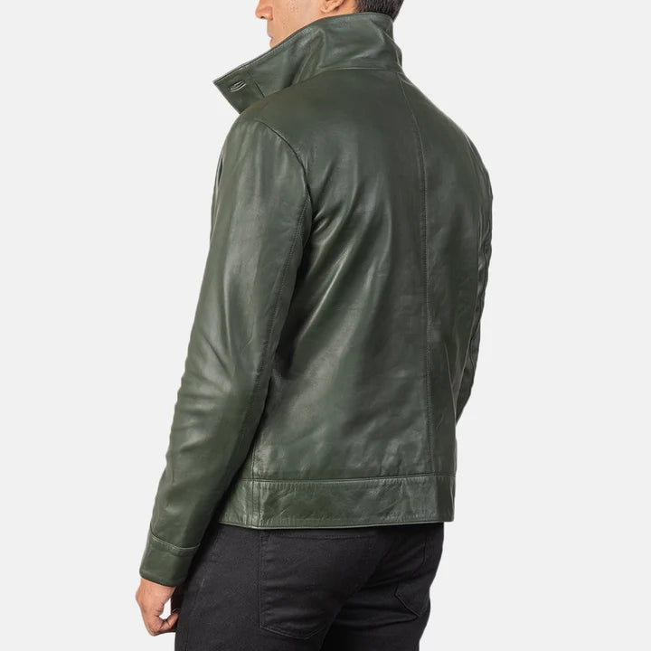 Columbus green leather bomber jacket back view close-up