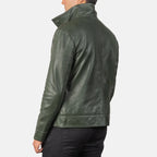 Columbus green leather bomber jacket back view close-up