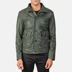 Men's green leather bomber jacket back view with high collar