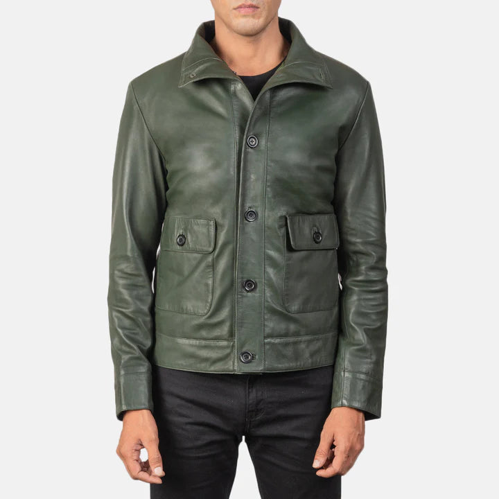 Men's green leather bomber jacket back view with high collar