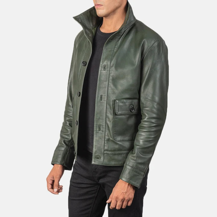 Columbus green leather bomber jacket side view