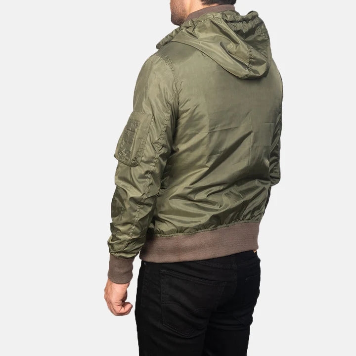 Hanklin Ma-1 green hooded bomber jacket back view with hood