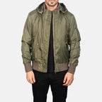 Hanklin Ma-1 green hooded bomber jacket front view on model