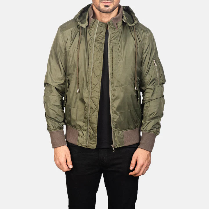 Hanklin Ma-1 green hooded bomber jacket front view on model