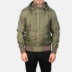 Hanklin Ma-1 green hooded bomber jacket close-up sleeve zipper pocket
