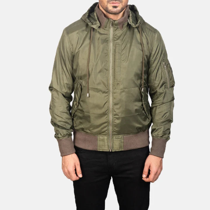 Hanklin Ma-1 green hooded bomber jacket close-up sleeve zipper pocket