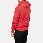 red hooded bomber jacket back view with hood