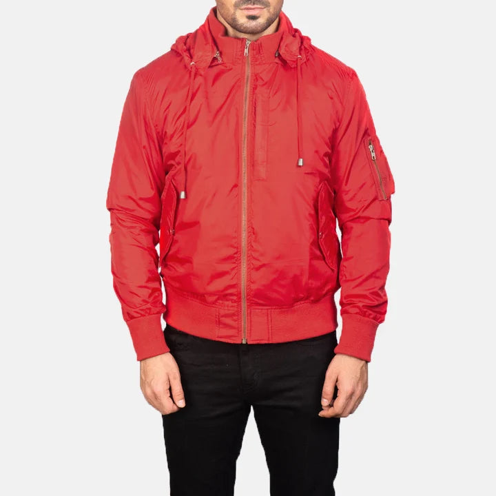red hooded bomber jacket close-up sleeve zipper pocket