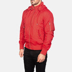 red hooded bomber jacket side view