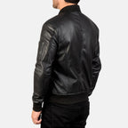 Black leather bomber jacket back view