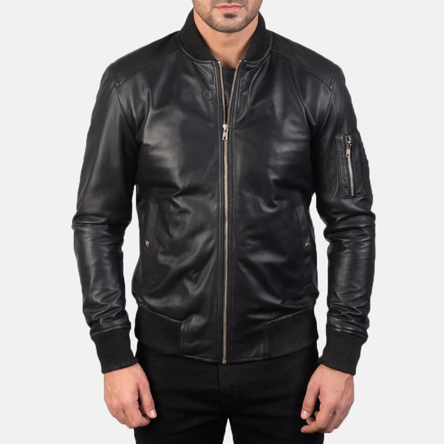 Black leather bomber jacket folded view