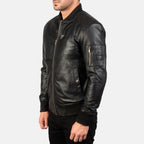 Black leather bomber jacket side view
