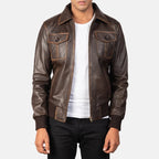 Aaron brown leather bomber jacket front view on model