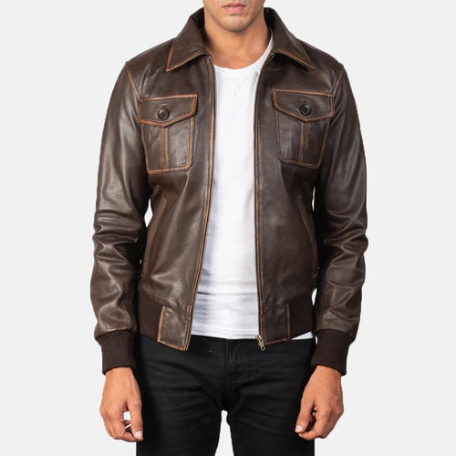Aaron brown leather bomber jacket front view on model