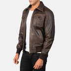 Aaron brown leather bomber jacket side view