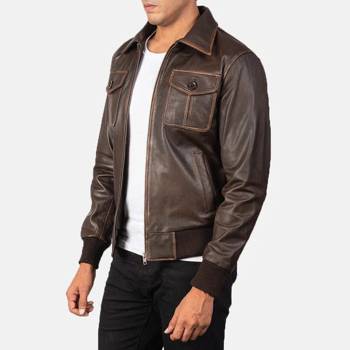 Aaron brown leather bomber jacket side view
