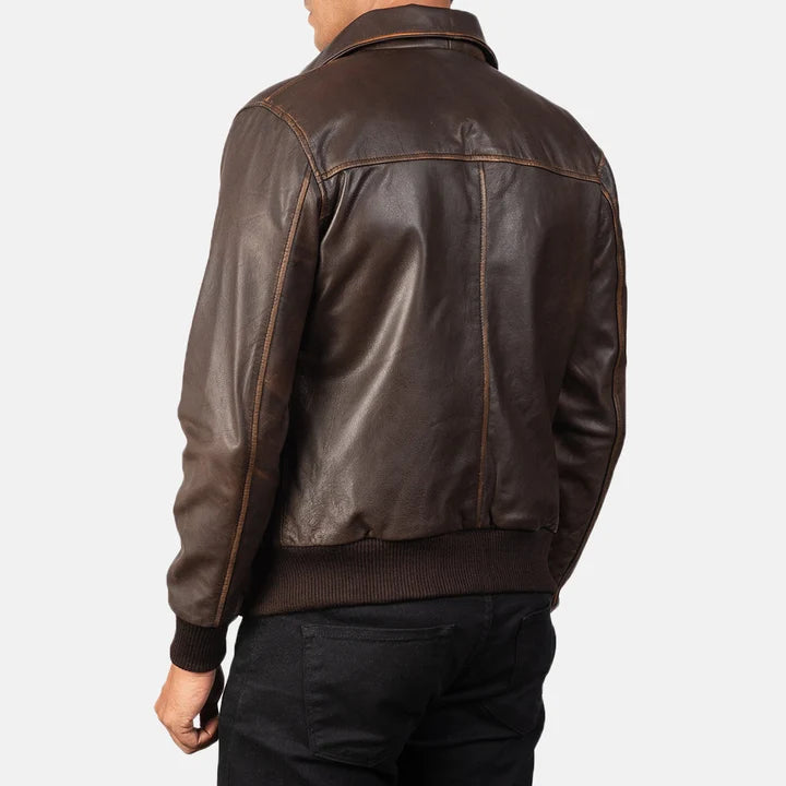 Aaron brown leather bomber jacket flat lay back view