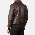 Aaron brown leather bomber jacket flat lay back view