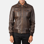 Aaron brown leather bomber jacket close-up front detail