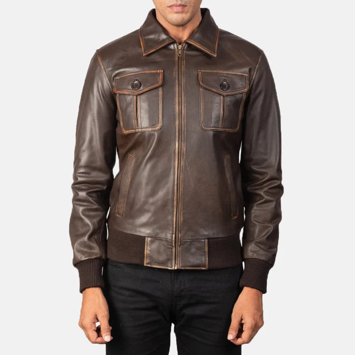 Aaron brown leather bomber jacket close-up front detail