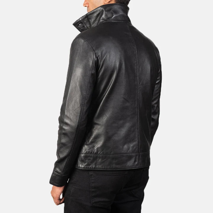 Columbus black leather bomber jacket back view close-up