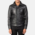 Men's black leather bomber jacket back view with high collar