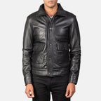 Men's black leather bomber jacket back view with high collar