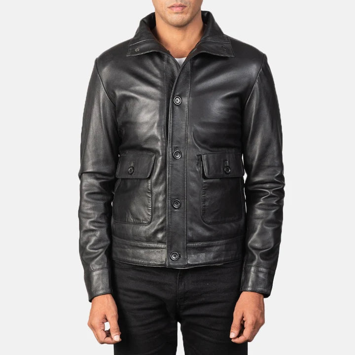 Men's black leather bomber jacket back view with high collar